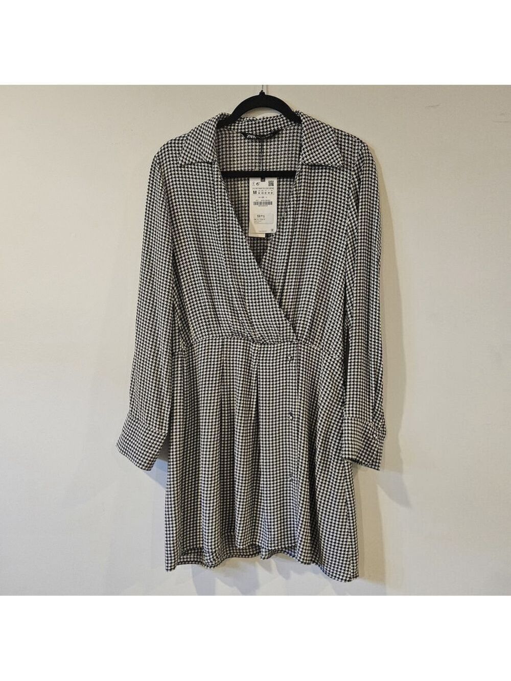 ZARA Houndstooth Wrap Dress Size M Black White Long Sleeve Collared NWT